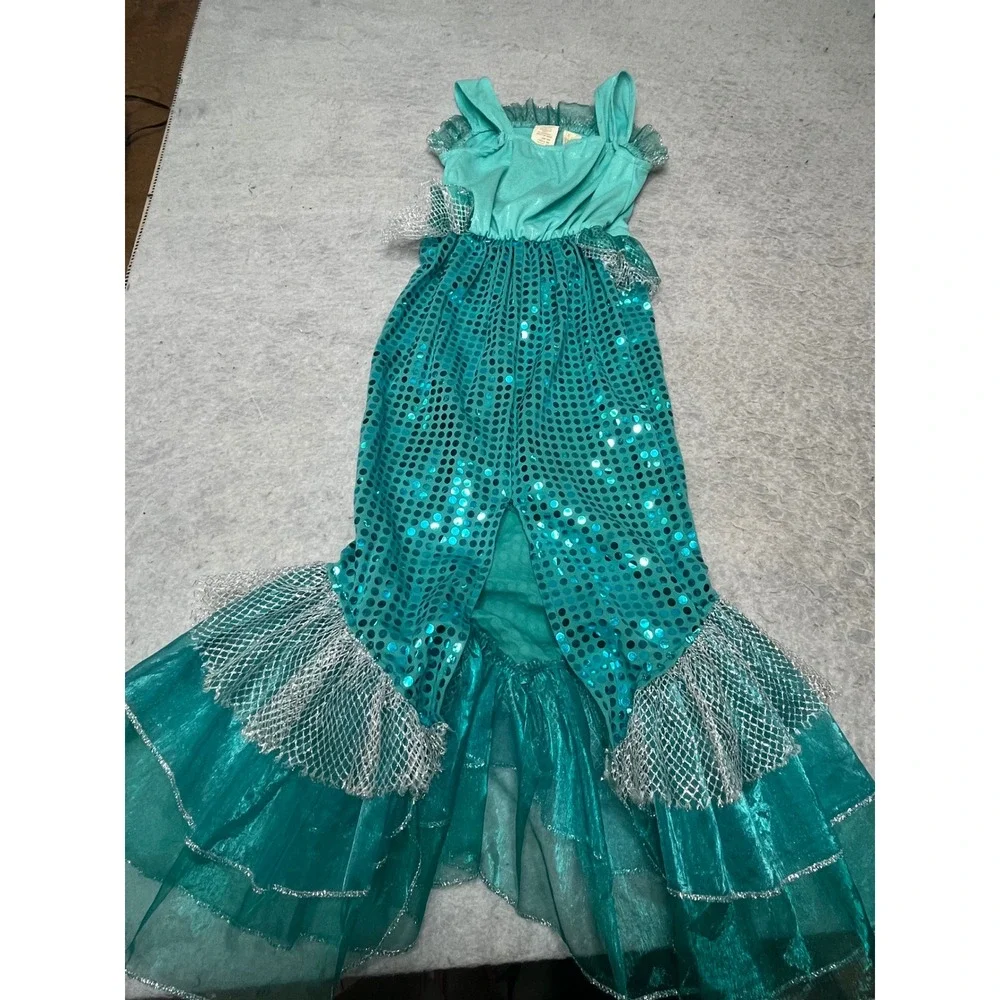 Girls Teal‎ Sequin Mermaid princess Costume Dress Seashell Bow Size 4 dress up